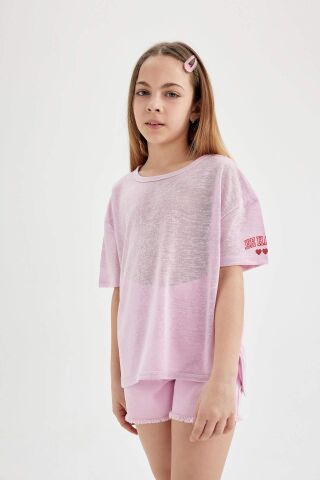 Kız Çocuk Oversize Geniş Kalıp Baskılı Kısa Kollu Tişört