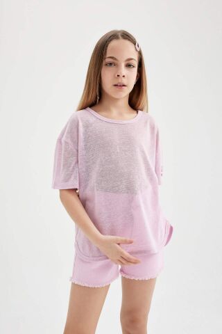 Kız Çocuk Oversize Geniş Kalıp Baskılı Kısa Kollu Tişört