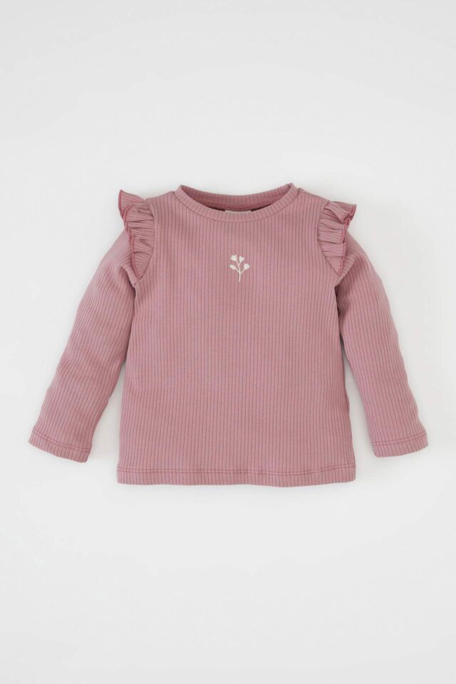 Kız Bebek Bisiklet Yaka Çiçekli Fitilli Fırfırlı Kaşkorse Uzun Kollu Tişört