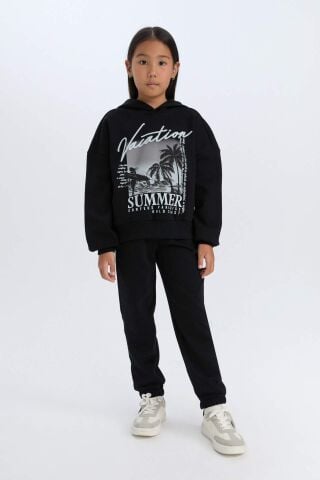 Kız Çocuk 2'li Takım Kapüşonlu Baskılı Sweatshirt Beli Lastikli Jogger Alt