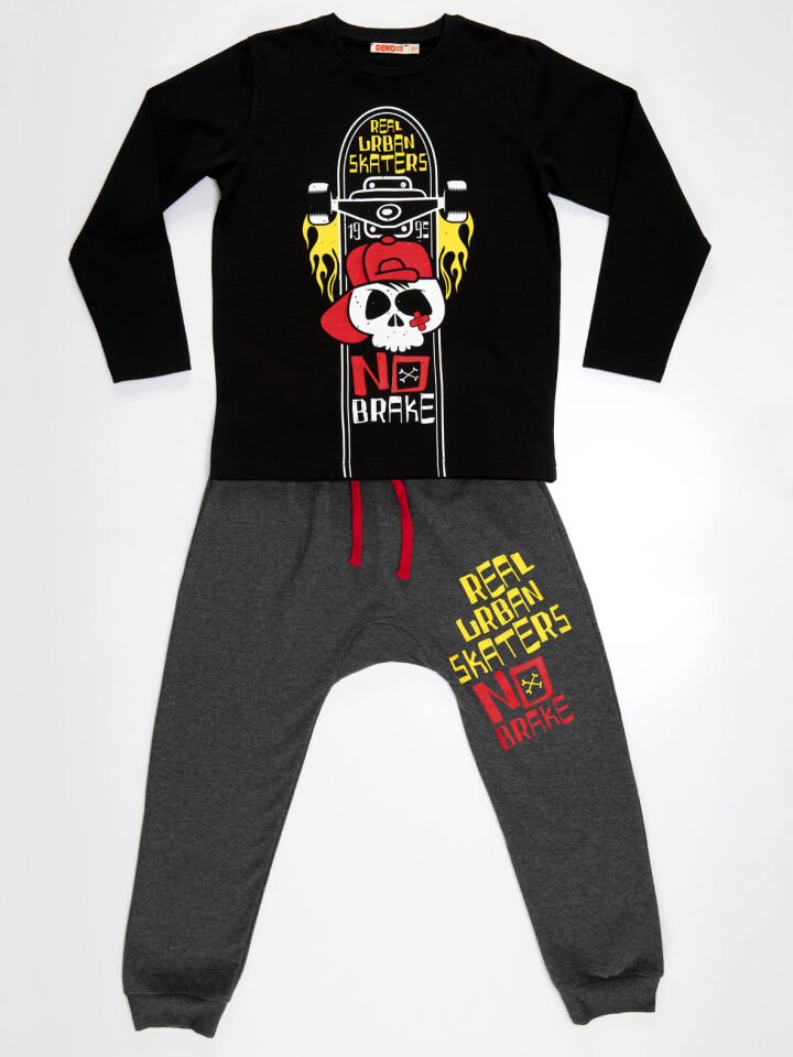 Siyah Kaykay Erkek Çocuk T-shirt Pantolon Takım 7 Y - Siyah, Koyu Gri