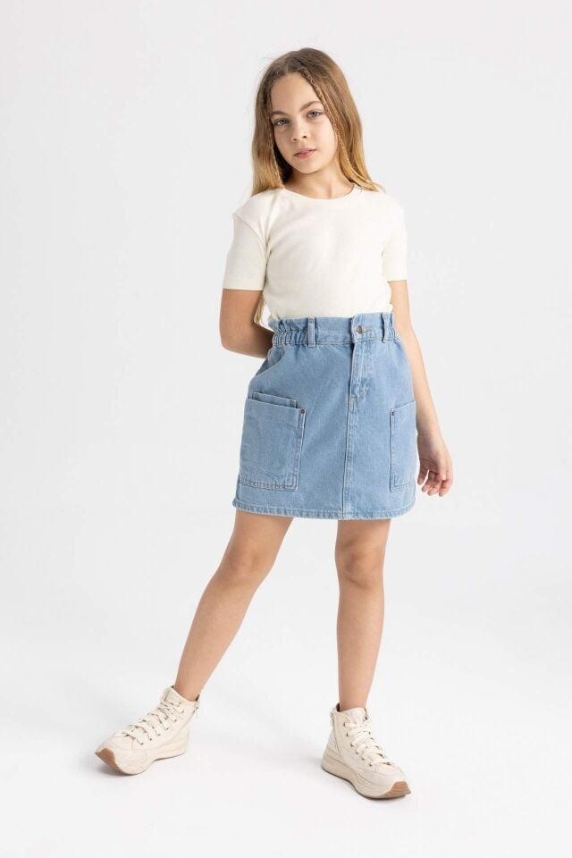 Kız Çocuk Slim Fit Dar Kesim Bisiklet Yaka Ribana Basic Düz Kısa Kollu Tişört