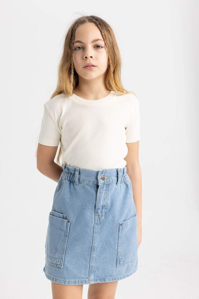 Kız Çocuk Slim Fit Dar Kesim Bisiklet Yaka Ribana Basic Düz Kısa Kollu Tişört