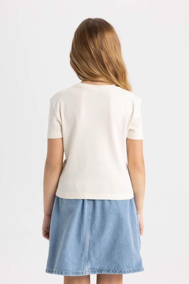 Kız Çocuk Slim Fit Dar Kesim Bisiklet Yaka Ribana Basic Düz Kısa Kollu Tişört