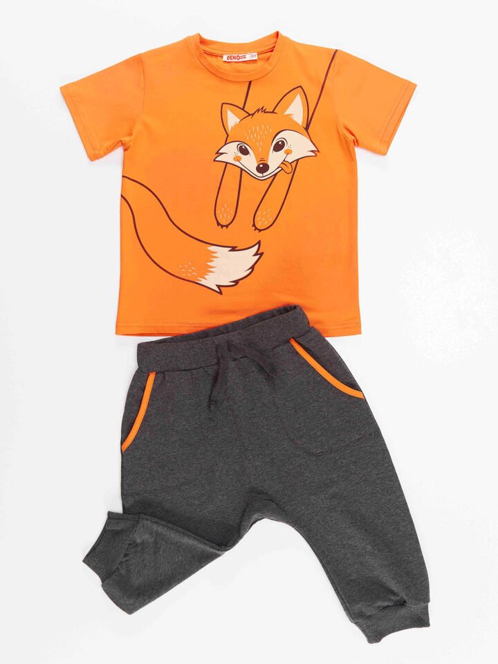 Turuncu Tilki Erkek Çocuk T-shirt Kapri Şort Takım 2 Y - Turuncu, Antresit