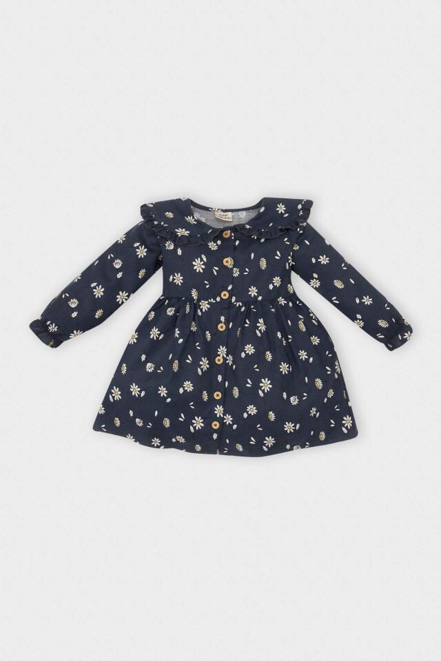 Kız Bebek Çiçekli Uzun Kollu Yakası Fırfırlı Twill Elbise