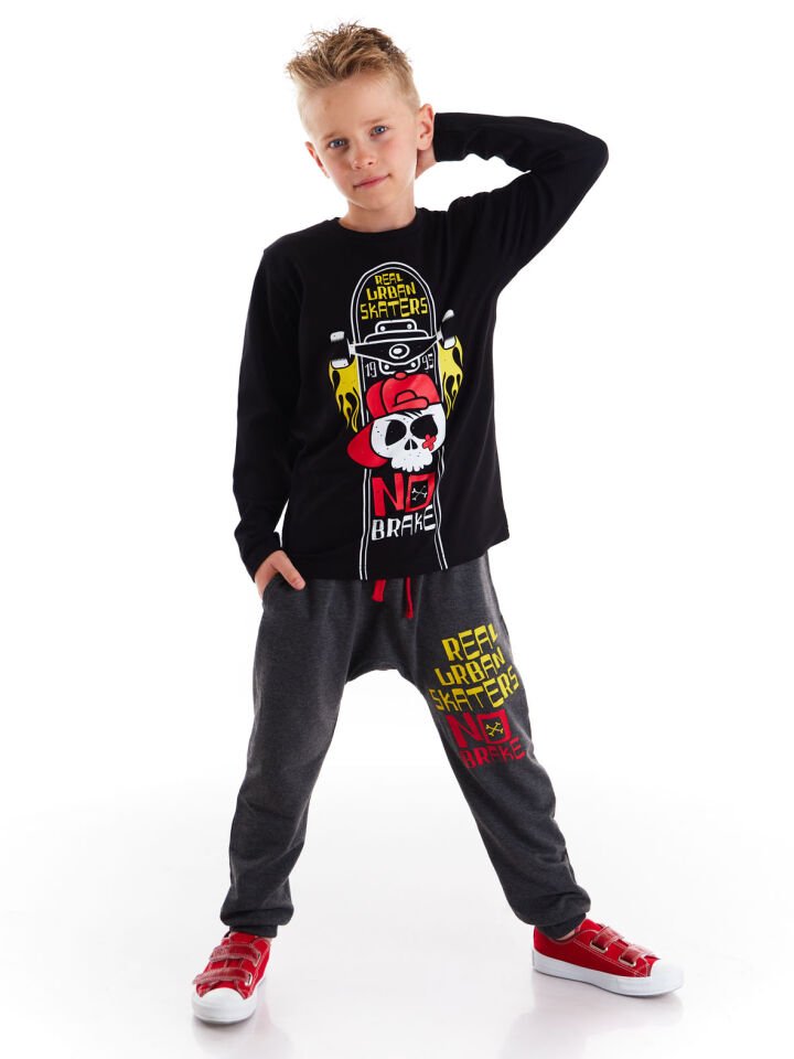 Siyah Kaykay Erkek Çocuk T-shirt Pantolon Takım 8 Y - Siyah, Koyu Gri