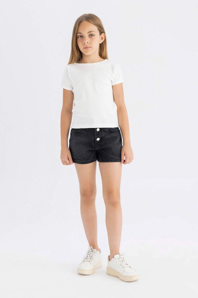 Kız Çocuk Slim Fit Dar Kesim Bisiklet Yaka Basic Düz Fitilli Kaşkorse Kısa Kollu Tişört