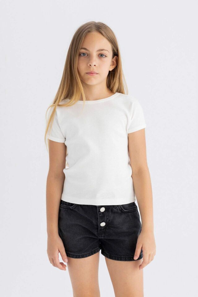Kız Çocuk Slim Fit Dar Kesim Bisiklet Yaka Basic Düz Fitilli Kaşkorse Kısa Kollu Tişört
