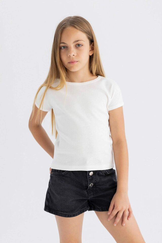 Kız Çocuk Slim Fit Dar Kesim Bisiklet Yaka Basic Düz Fitilli Kaşkorse Kısa Kollu Tişört