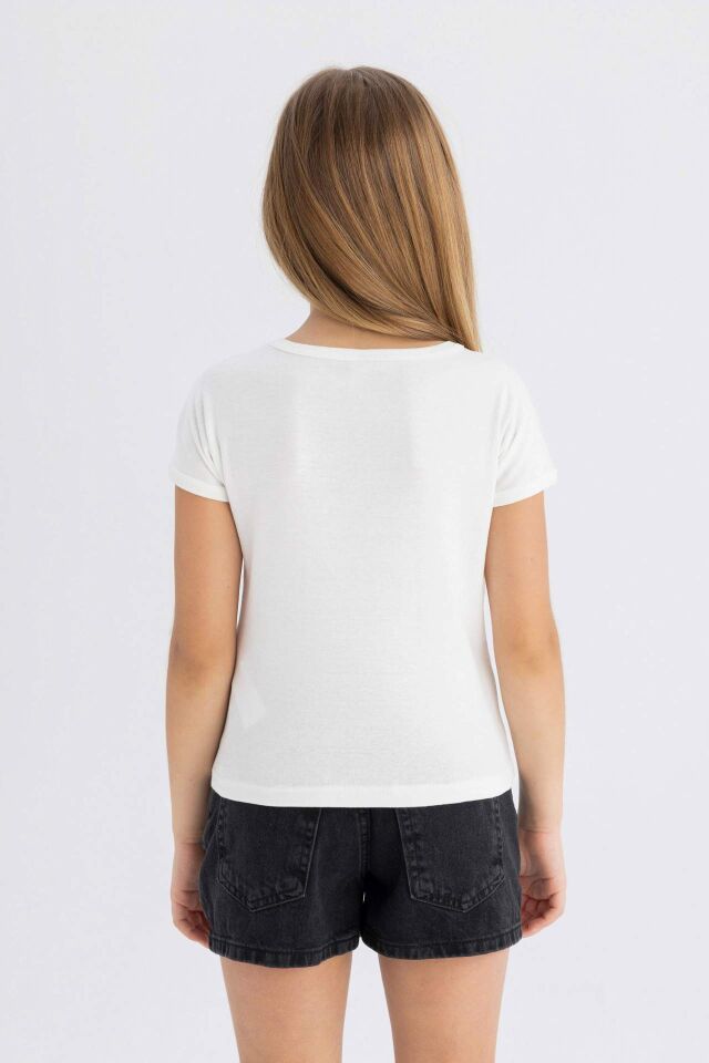 Kız Çocuk Slim Fit Dar Kesim Bisiklet Yaka Basic Düz Fitilli Kaşkorse Kısa Kollu Tişört