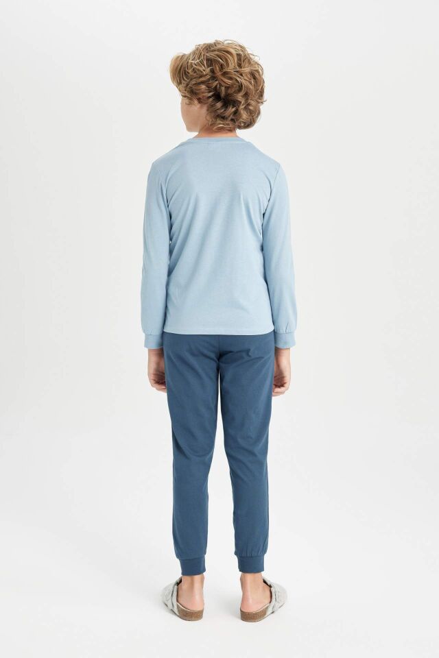 Erkek Çocuk Pijama Takımı Bisiklet Yaka Yazı Baskılı Uzun Kollu Üst Uzun Alt