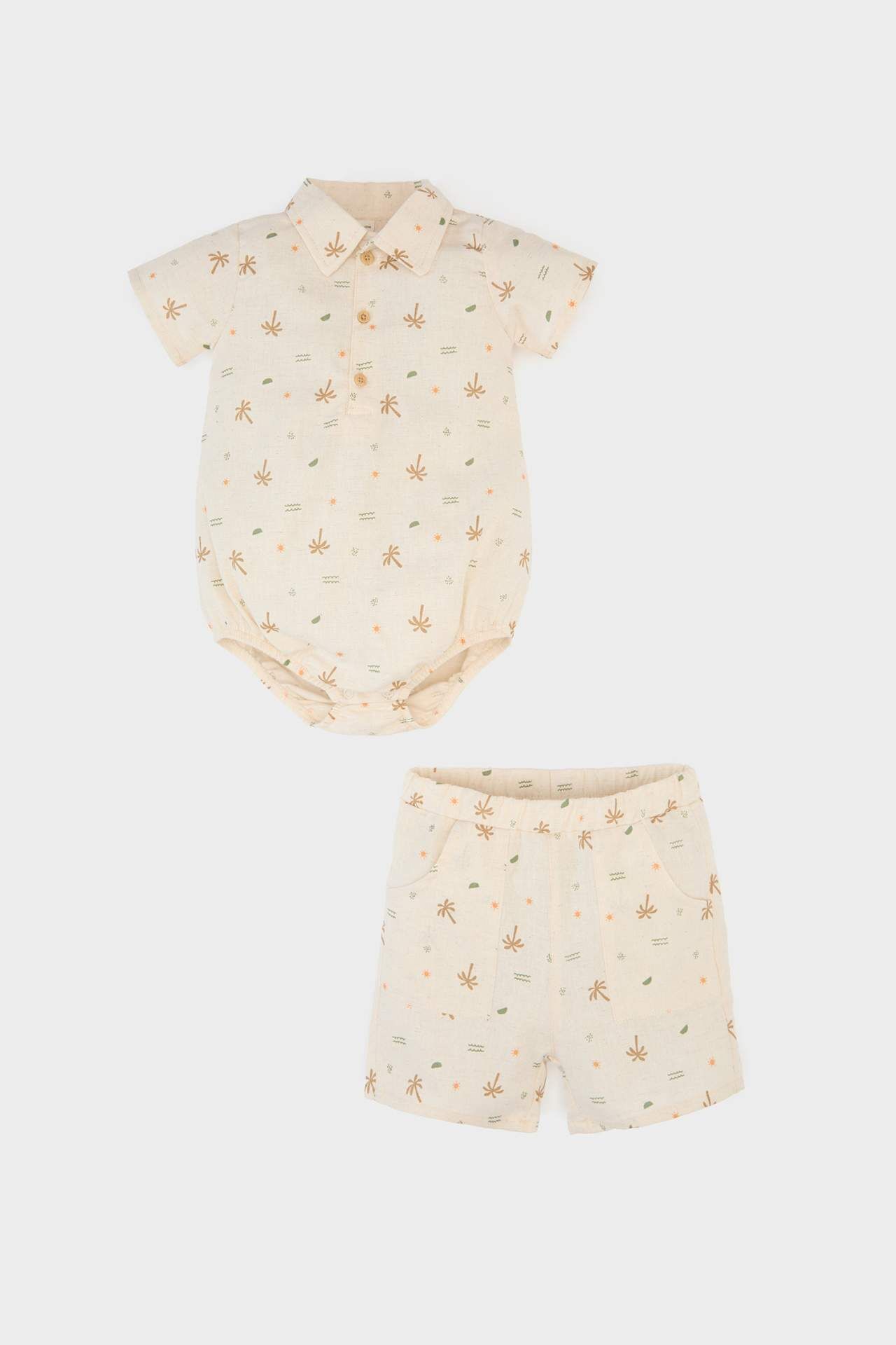 Erkek Bebek 2'li Takım Palmiye Desenli Kısa Kollu Keten Çıtçıtlı Body Beli Lastikli Şort