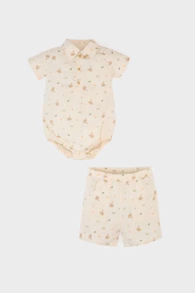 Erkek Bebek 2'li Takım Palmiye Desenli Kısa Kollu Keten Çıtçıtlı Body Beli Lastikli Şort