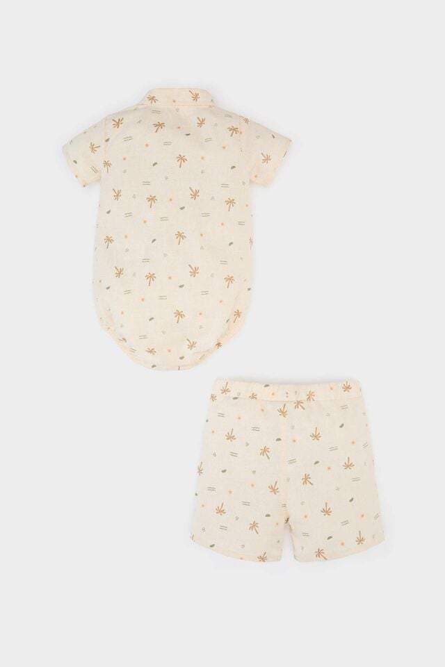Erkek Bebek 2'li Takım Palmiye Desenli Kısa Kollu Keten Çıtçıtlı Body Beli Lastikli Şort
