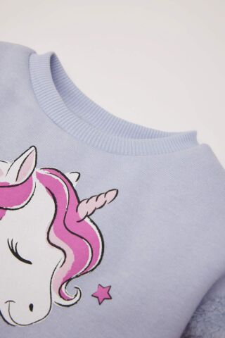 Kız Bebek Bisiklet Yaka Unicorn Baskılı İçi Yumuşak Tüylü Sweatshirt