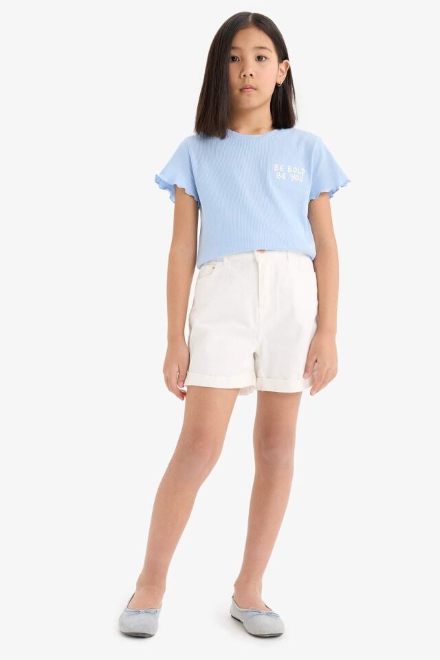 Kız Çocuk Slim Fit Dar Kesim Bisiklet Yaka Baskılı Fitilli Kaşkorse Kısa Kollu Tişört