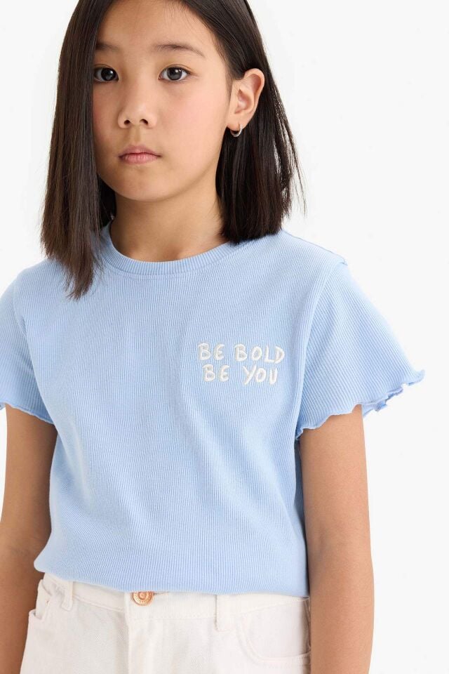 Kız Çocuk Slim Fit Dar Kesim Bisiklet Yaka Baskılı Fitilli Kaşkorse Kısa Kollu Tişört