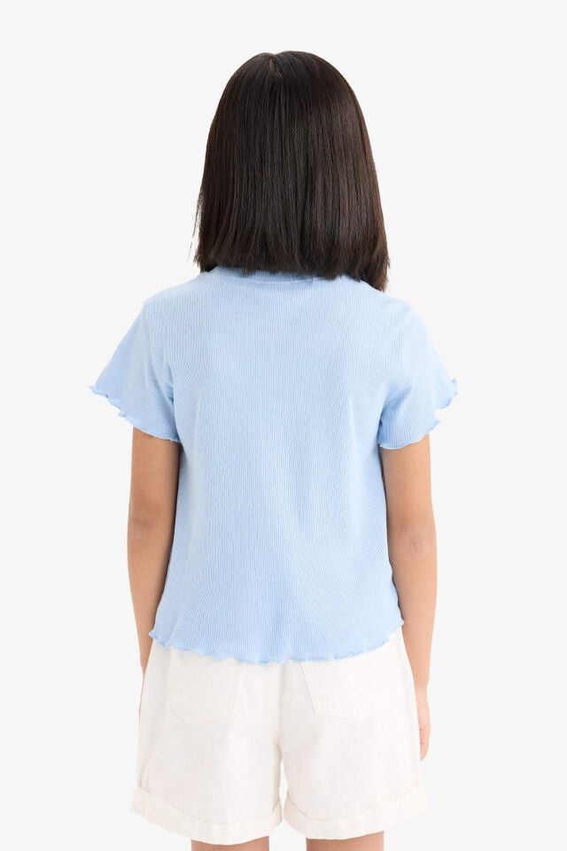 Kız Çocuk Slim Fit Dar Kesim Bisiklet Yaka Baskılı Fitilli Kaşkorse Kısa Kollu Tişört
