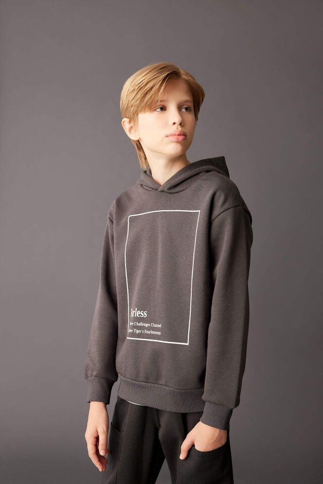 Erkek Çocuk Antrasit Kapüşonlu Baskılı Kalın Sweatshirt