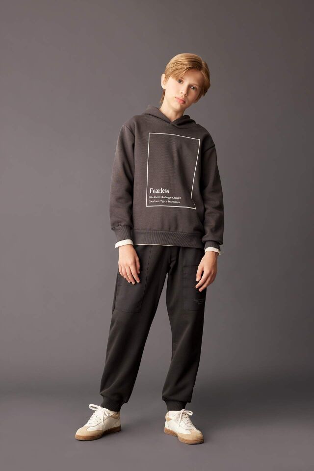Erkek Çocuk Antrasit Kapüşonlu Baskılı Kalın Sweatshirt