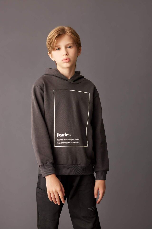 Erkek Çocuk Antrasit Kapüşonlu Baskılı Kalın Sweatshirt
