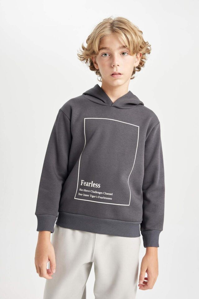 Erkek Çocuk Antrasit Kapüşonlu Baskılı Kalın Sweatshirt