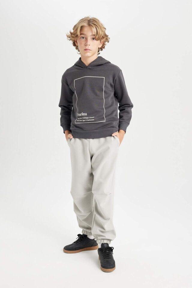 Erkek Çocuk Antrasit Kapüşonlu Baskılı Kalın Sweatshirt