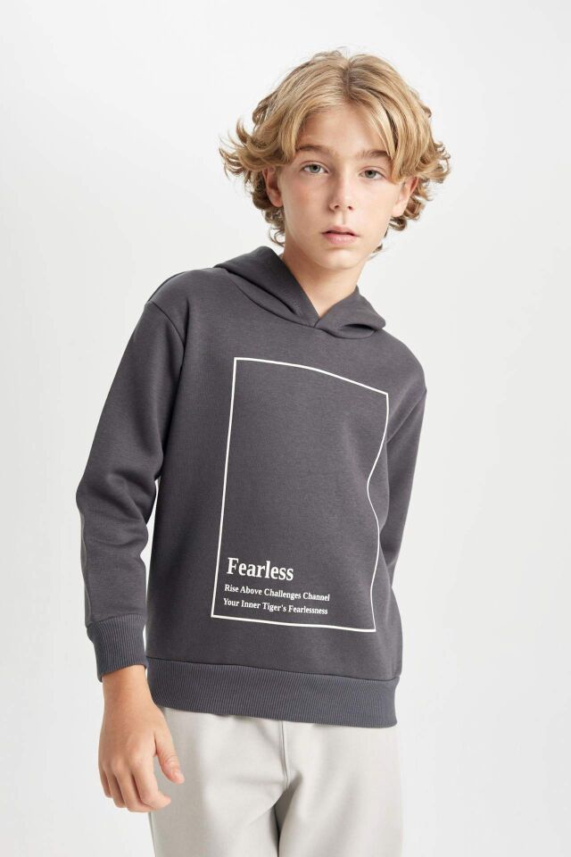 Erkek Çocuk Antrasit Kapüşonlu Baskılı Kalın Sweatshirt