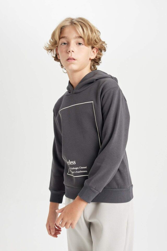 Erkek Çocuk Antrasit Kapüşonlu Baskılı Kalın Sweatshirt