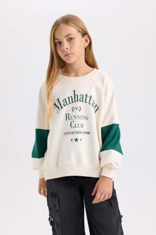 Kız Çocuk Oversize Geniş Kalıp Bisiklet Yaka Baskılı Sweatshirt