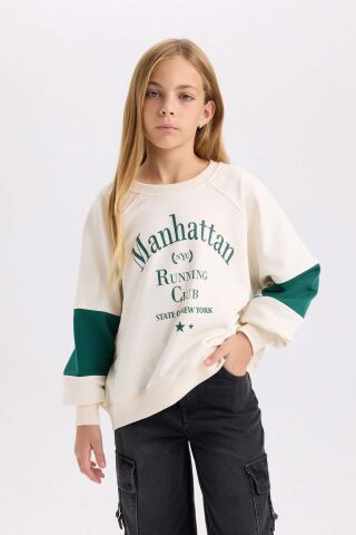 Kız Çocuk Oversize Geniş Kalıp Bisiklet Yaka Baskılı Sweatshirt