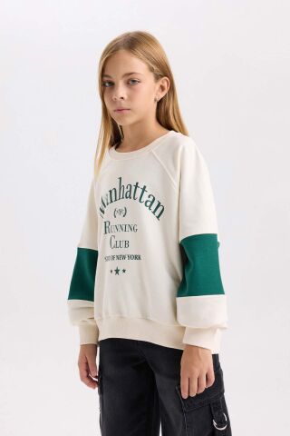 Kız Çocuk Oversize Geniş Kalıp Bisiklet Yaka Baskılı Sweatshirt