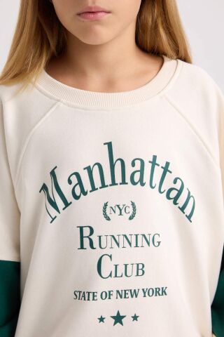 Kız Çocuk Oversize Geniş Kalıp Bisiklet Yaka Baskılı Sweatshirt