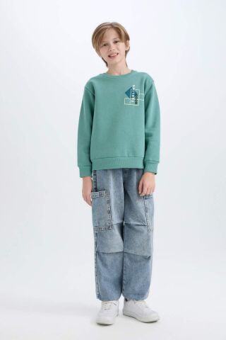 Erkek Çocuk Bisiklet Yaka Baskılı Kalın Sweatshirt