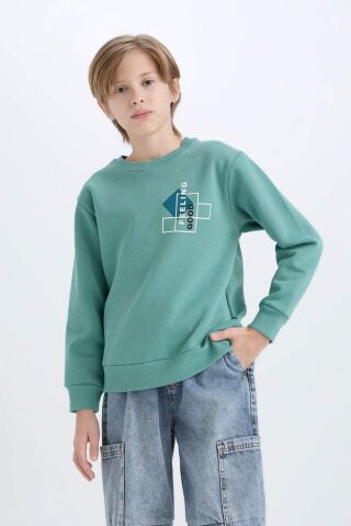 Erkek Çocuk Bisiklet Yaka Baskılı Kalın Sweatshirt