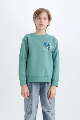 Erkek Çocuk Bisiklet Yaka Baskılı Kalın Sweatshirt