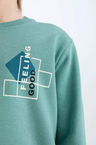 Erkek Çocuk Bisiklet Yaka Baskılı Kalın Sweatshirt