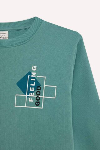 Erkek Çocuk Bisiklet Yaka Baskılı Kalın Sweatshirt