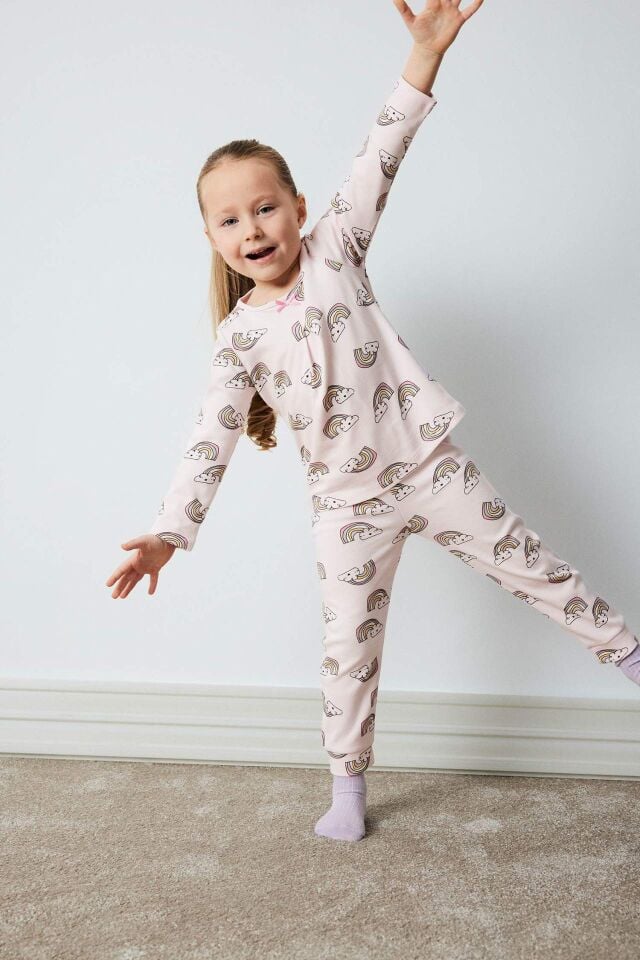Kız Bebek Pijama Takımı Gökkuşağı Baskılı Uzun Kollu Üst Beli Lastikli Uzun Alt