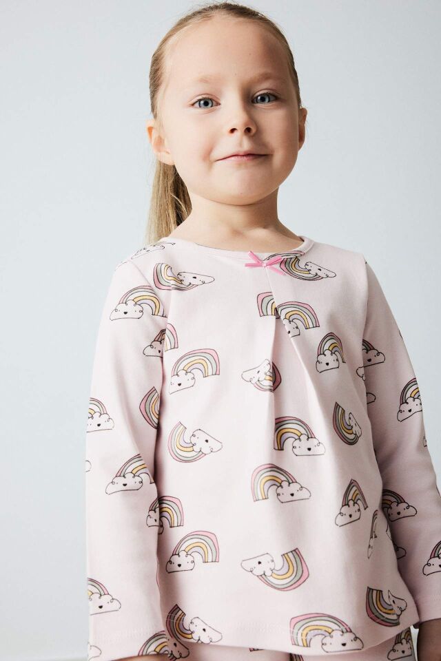 Kız Bebek Pijama Takımı Gökkuşağı Baskılı Uzun Kollu Üst Beli Lastikli Uzun Alt