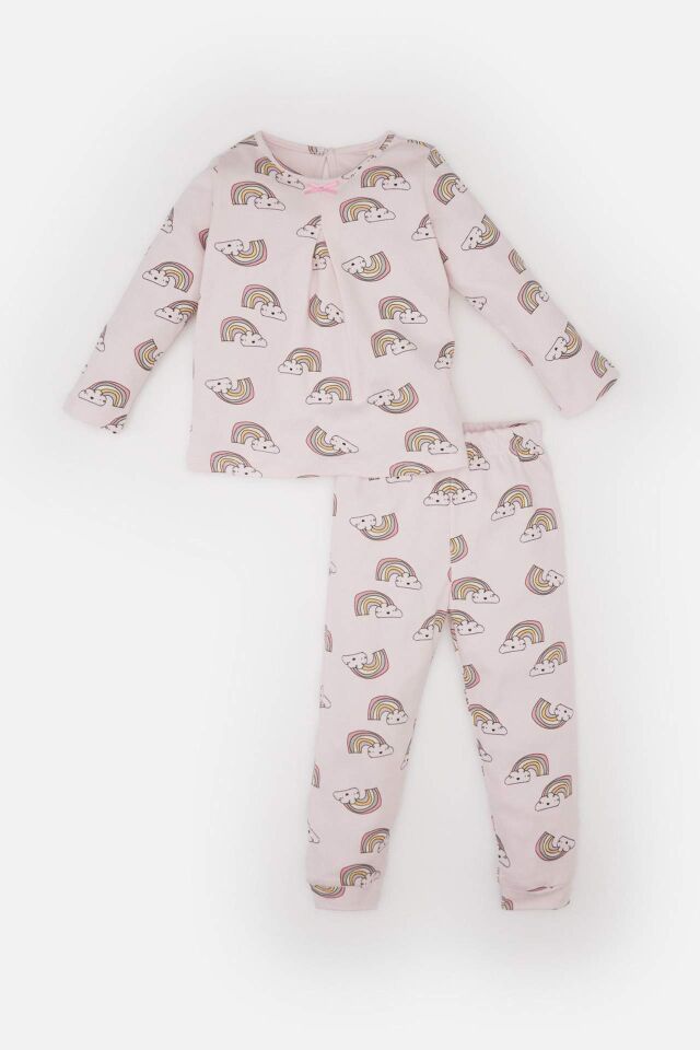 Kız Bebek Pijama Takımı Gökkuşağı Baskılı Uzun Kollu Üst Beli Lastikli Uzun Alt