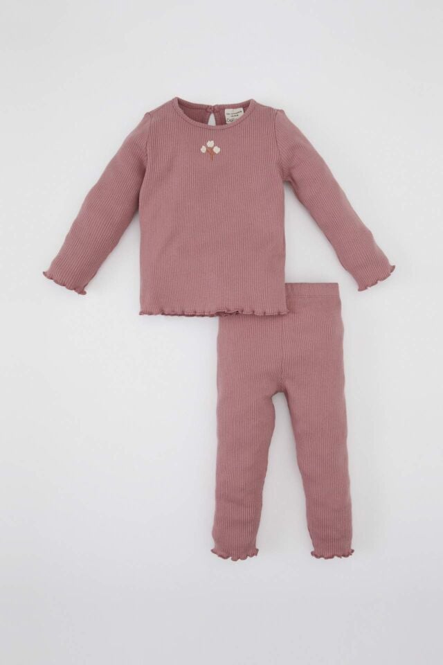 Kız Bebek 2'li Takım Çiçekli Fitilli Kaşkorse Uzun Kollu Tişört Üst Beli Lastikli Alt