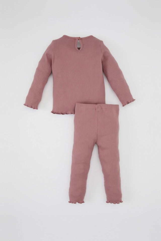 Kız Bebek 2'li Takım Çiçekli Fitilli Kaşkorse Uzun Kollu Tişört Üst Beli Lastikli Alt