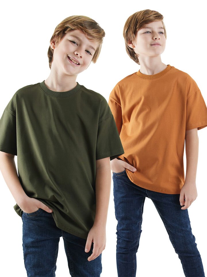 Erkek Çocuk Basic Oversize 2'li T-shirt Takım 10 Y - Haki