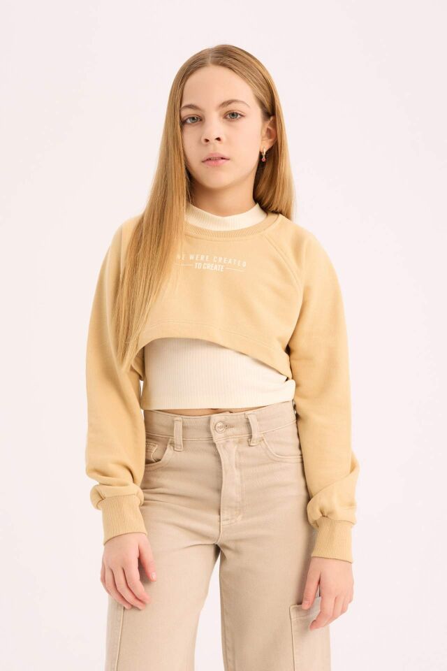 Kız Çocuk Bisiklet Yaka Baskılı 2'li Sweatshirt
