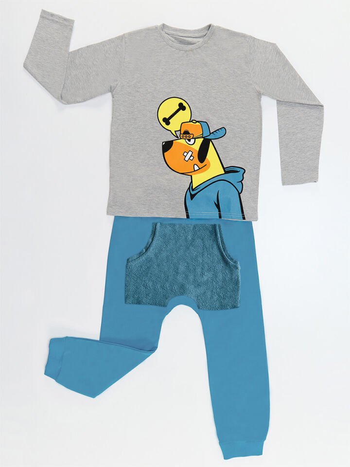 Kemik Köpek Erkek Çocuk T-shirt Pantolon Takım 7 Y - Gri, Mavi