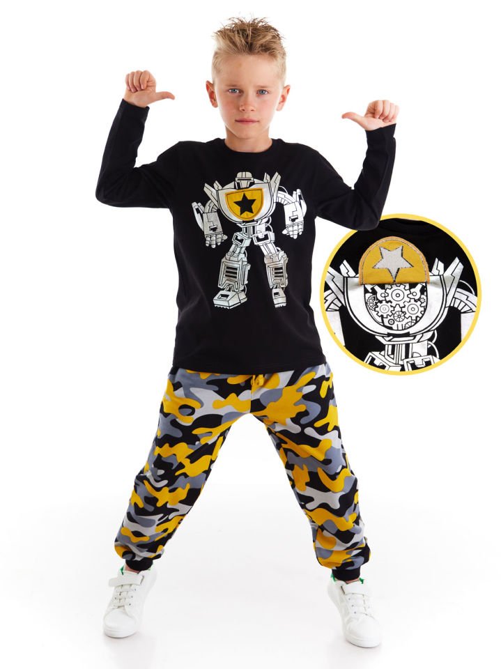 Robot Kamuflaj Erkek Çocuk T-shirt Pantolon Takım 9 Y - Siyah, Gri, sarı