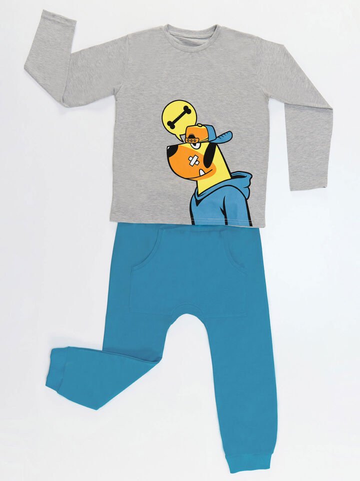 Kemik Köpek Erkek Çocuk T-shirt Pantolon Takım 4 Y - Gri, Mavi