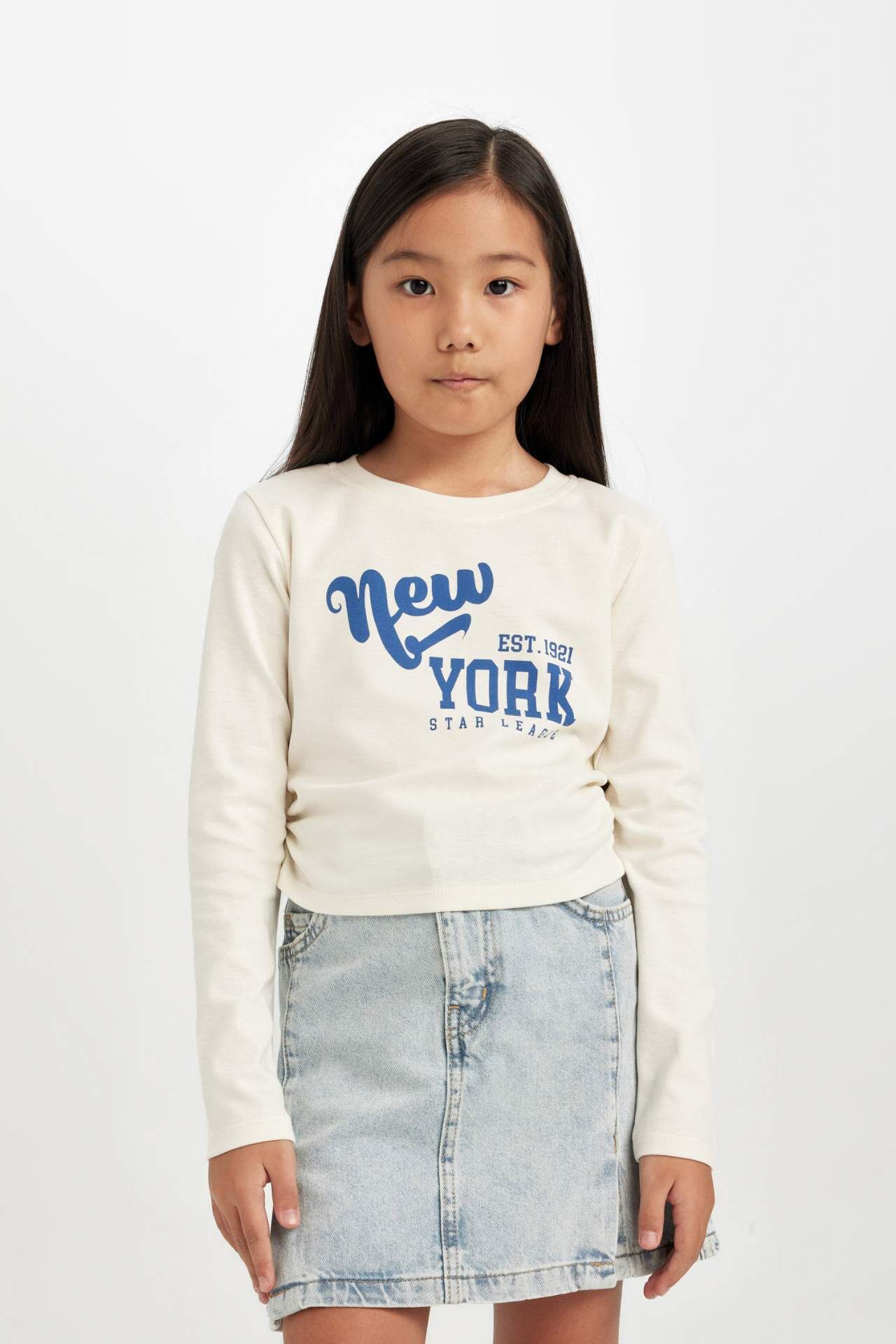 Kız Çocuk Cropped Fit Bisiklet Yaka Baskılı Ribana Uzun Kollu Tişört